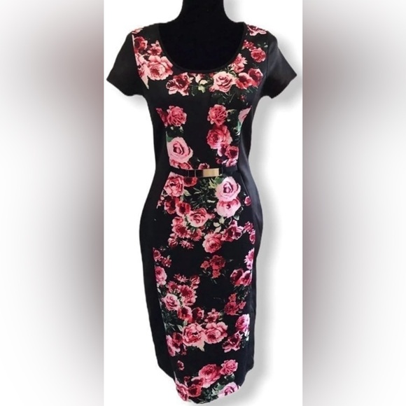 Love J. Floral Pencil Dress Juniors Medium Bodycon Black Pink Floral Roses - Picture 12 of 13